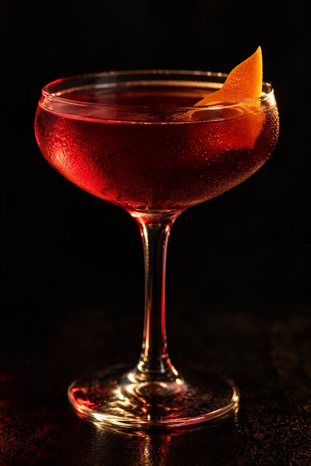 Ruby cocktail in a coupe glass against an anonymous dark background